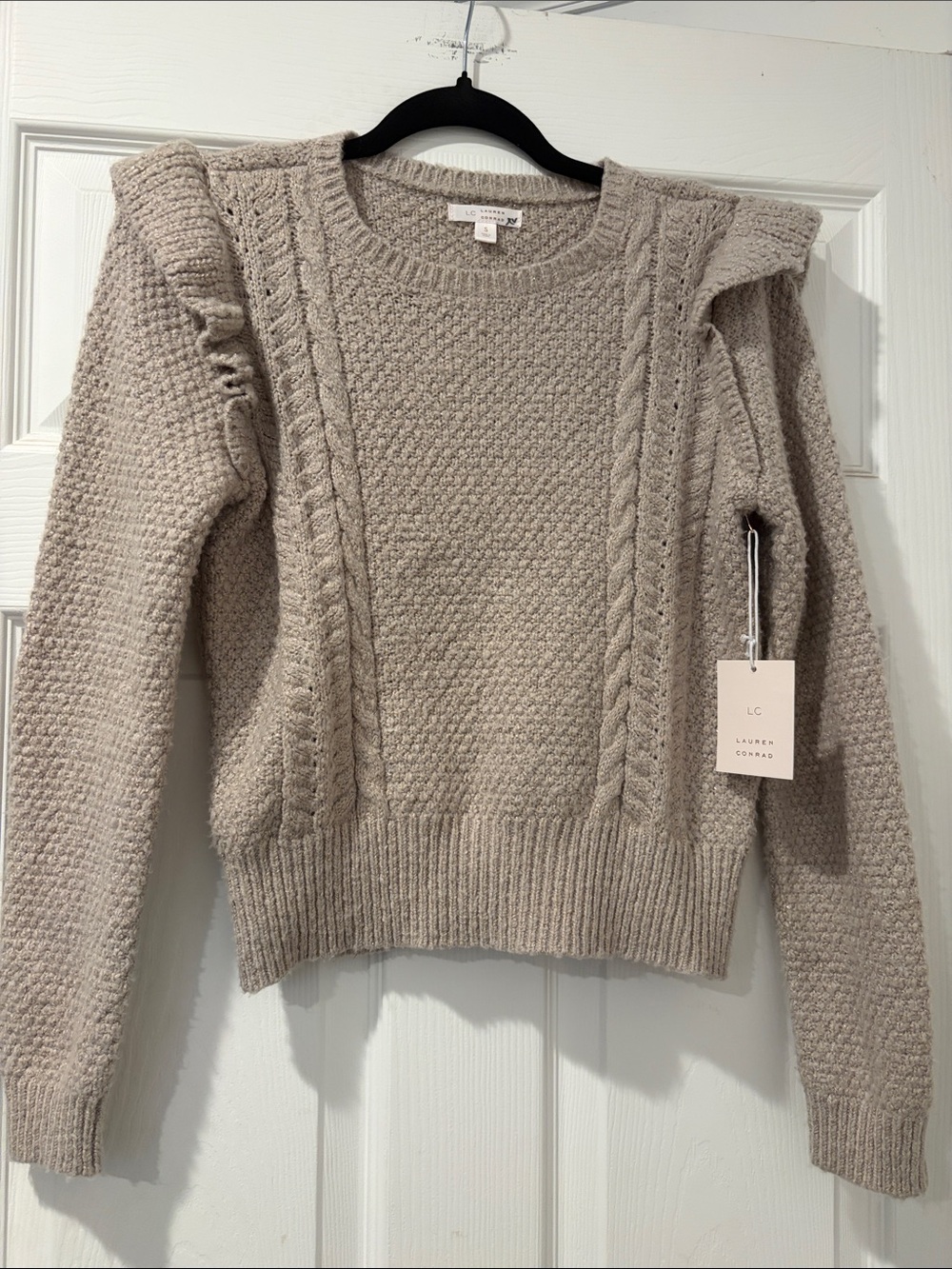 LC Lauren Conrad Beige Cable Knit Ruffle-Trim Sweater